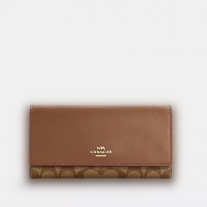 COACH |  Slim Trifold Wallet In_Signature Canvas (GOLD/KHAKI SADDLE 2)