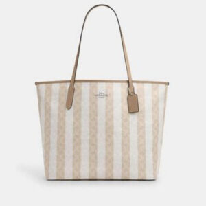 COACH  |  Large City Tote Bag In Signature Canvas With Stripe (Sand / Tan)