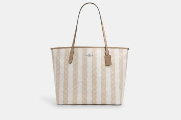 COACH  |  Large City Tote Bag In Signature Canvas With Stripe (Sand / Tan)